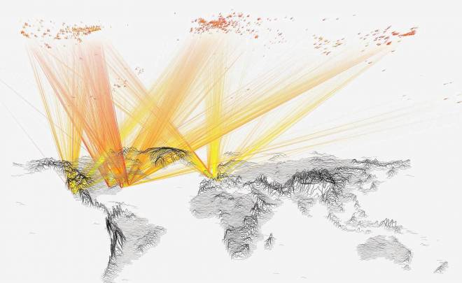 Algunos artículos científicos publicados en todo el mundo. Los puntos rojizos de arriba indican donde se escribieron, y el mapa de abajo dónde y cuándo se citaron. El color amarillo corresponde a los comienzos del siglo XX y el rojo a la década actual. / Imagen de Mauro Martino con datos de Roberta Sinatra