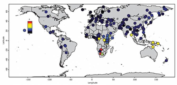 El mapa muestra las localizaciones de las variantes de ADN desconocidas hasta ahora. Los puntos rojos indican más hallazgos, los negros, menos. / Swapan Mallick