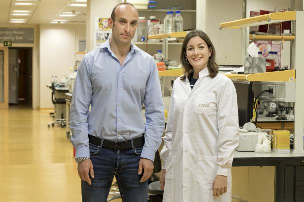 Nabil Djouder, jefe del Grupo de Factores de Crecimiento, Nutrientes y Cáncer del CNIO, y Almudena Chaves-Pérez, investigadora predoctoral. / CNIO
