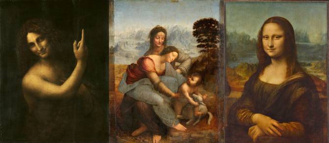 Leonardo da Vinci viajó a Francia, donde residió los últimos tres años de su vida, con estas tres obras maestras: San Juan Bautista, Santa Ana con la Virgen y el Niño y La Gioconda