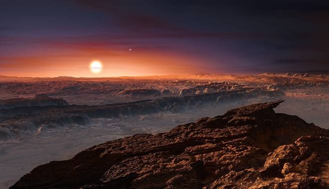 Ilustración de la superficie del planeta Próxima b con la estrella Próxima Centauri al fondo, donde también se observa muy pequeña la estrella doble Alfa Centauri. / ESO/M. Kornmesser