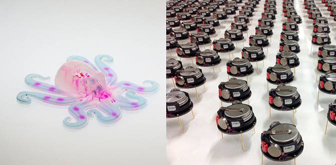 Robot blando con forma de pulpo, y enjambre de robots. / R. Truby et al.-Univ. de Harvard/J. Law-Univ. de Sheffield