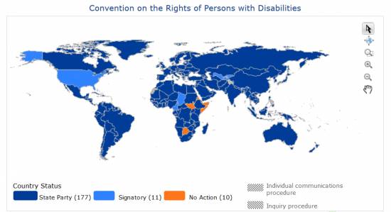 Mapa que muestra los Estados parte, firmantes y no firmantes de la Convención de los Derechos de las Personas con Discapacidad. / OHCHR