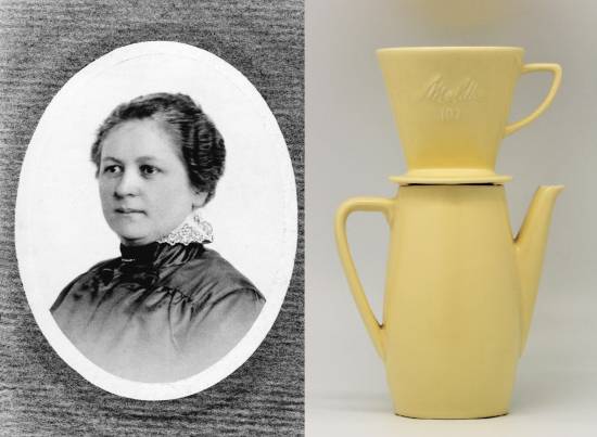 A la izquierda, fotografía de Melitta Bentz; a la derecha, ejemplar de la cafetera que diseñó. / Wikipedia