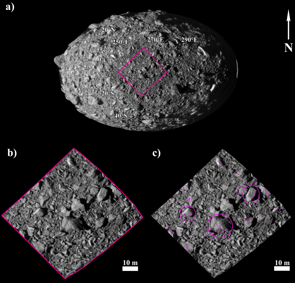 Fracturas de los cantos rodados de Dimorphos. Un mosaico de alta resolución de Dimorphos creado con las 10 últimas imágenes DRACO de 11,447 s a 0,856 s antes del impacto. / A. Lucchetti et al. / Nature Communications