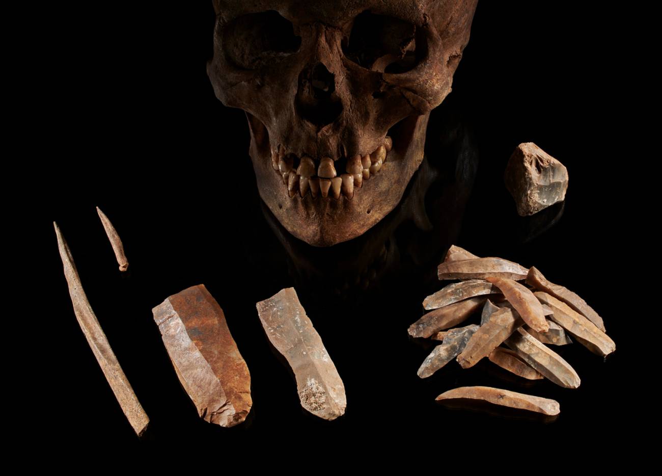 Cráneo masculino y herramientas de piedra, datados hace 7.000 años
