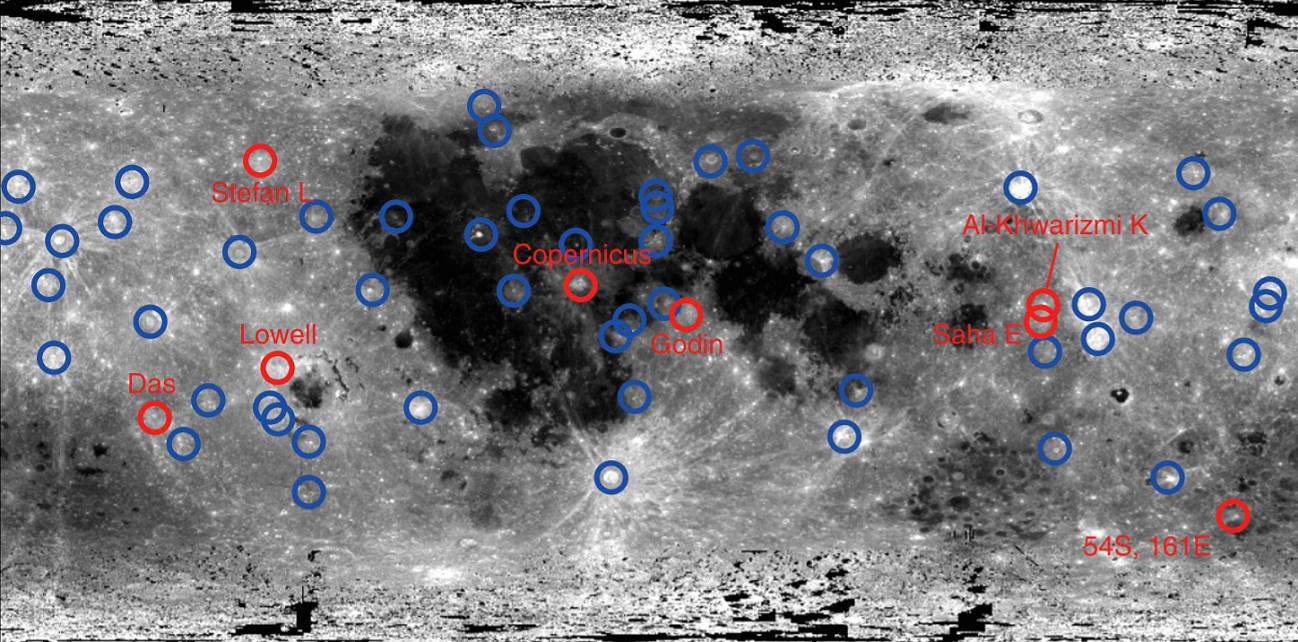 Localización de los 59 cráteres lunares con diámetros mayores a unos 20 km analizados en el estudio. Con círculos rojos se indican los ocho que tienen edades iguales a Copernicus. / K. Terada et al./Nature Communications