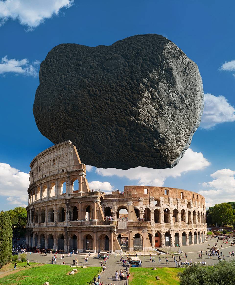 Asteroide Dimorphos a escala con el coliseo de Roma. / ESA-Science Office