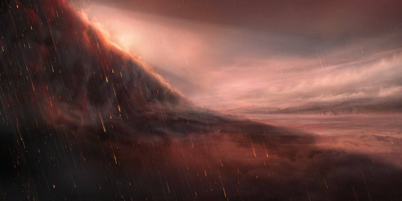 Ilustración del exoplaneta WASP-76b. Este gigante ultracaliente tiene un lado diurno donde las temperaturas suben por encima de los 2.400 grados Celsius, lo suficientemente altas como para vaporizar metales. Los fuertes vientos llevan el vapor de hierro al lado nocturno, más frío, donde se condensa en gotas de hierro. A la izquierda de la imagen, vemos el borde nocturno del exoplaneta, donde pasa de día a noche. / ESO/M. Kornmesser