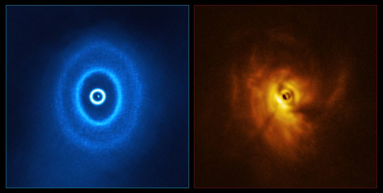 La imagen de ALMA (izq.) muestra la estructura anillada del disco, con el anillo más interno separado del resto del disco. Las observaciones de SPHERE (dch.) permitieron ver por primera vez la sombra de este anillo interno sobre el resto del disco. / ALMA (ESO/NAOJ/NRAO), ESO/Exeter/Kraus et al.