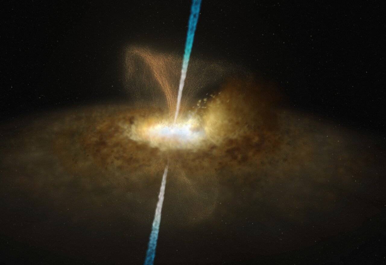 Ilustración del núcleo de Messier 77, cuya región central está alimentada por un agujero negro supermasivo rodeado por un delgado disco de acreción. Este, a su vez, está rodeado por un grueso anillo o toroide de gas y polvo que oscurece nuestra visión del agujero. Aparecen también chorros y vientos polvorientos que fluyen hacia el exterior. / ESO/M. Kornmesser and L. Calçada