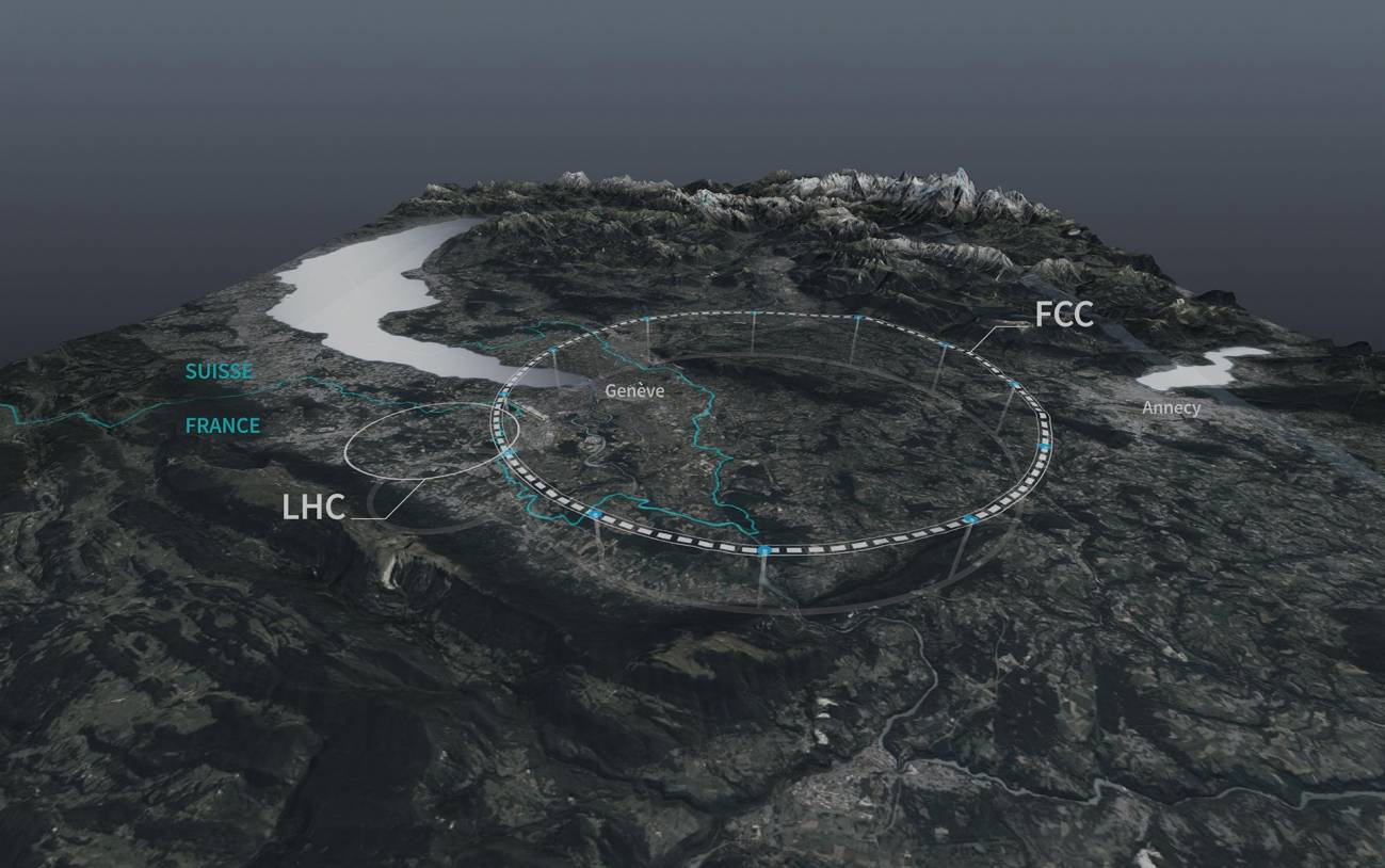 Junto al actual Gran Colisionador de Hadrones (LHC), un anillo de 27 km, está previsto construir un acelerador de partículas mucho mayor: el Futuro Colisionador Circular (FCC), de 100 km. / CERN