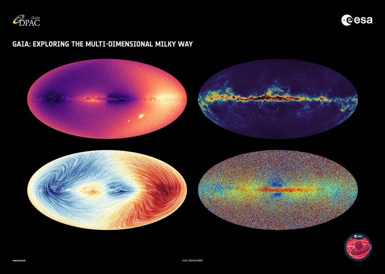 Cuatro mapas del cielo realizados con los nuevos datos de Gaiav (velocidad radial, esta con movimiento de estrellas hacia nosotros –azul– o alejándose –rojo–, polvo interestelar y mapa químico). / ESA/Gaia/DPAC/IGO