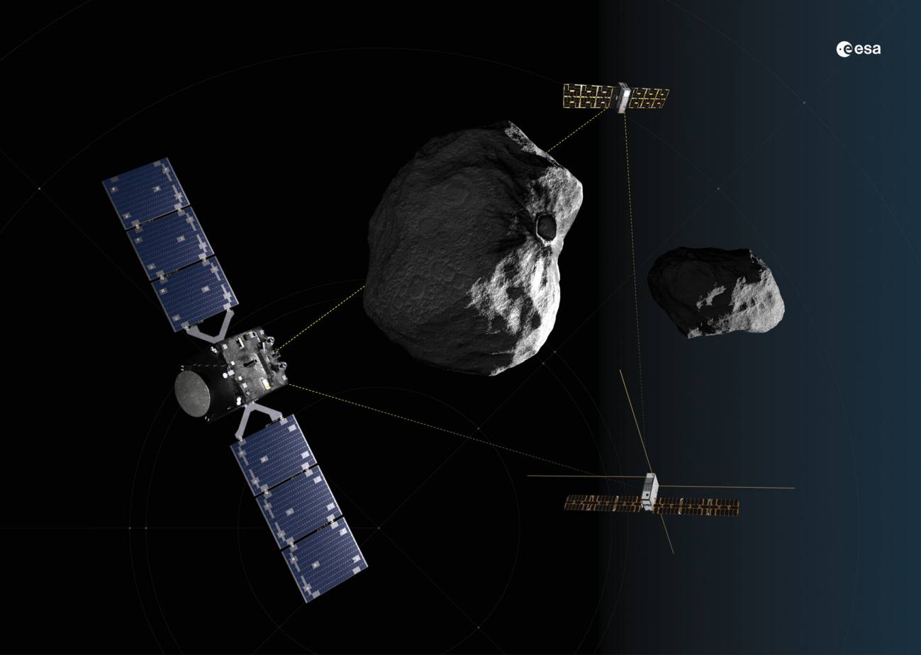Hera y sus cubesats conectados por enlaces intersatélite. / ESA-Science Office