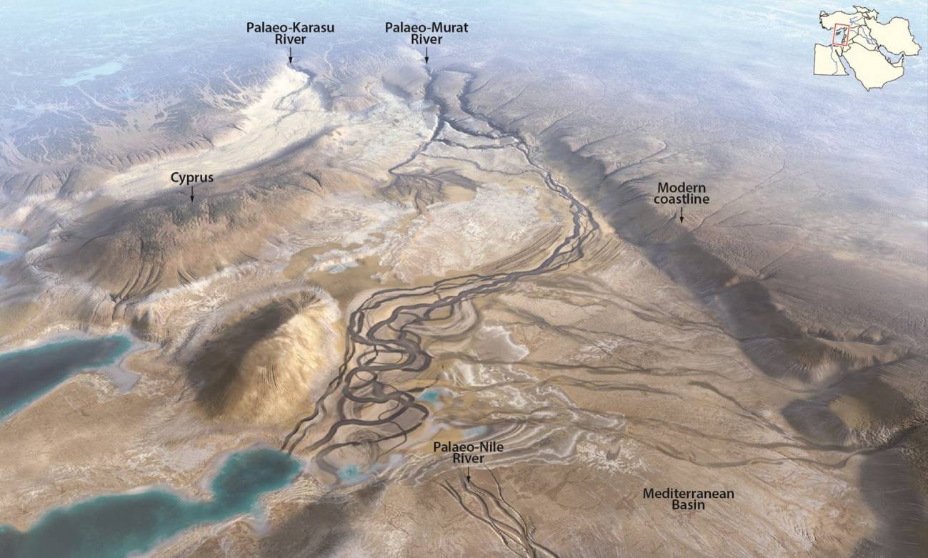 Hace unos 5,4 millones de años, los ríos paleo‑Karasu y paleo‑Murat desembocaban en un Mediterráneo parcialmente desecado; el segundo discurría cerca del paleo‑Nilo. / Lina Jakaitė y Andrew S. Madof