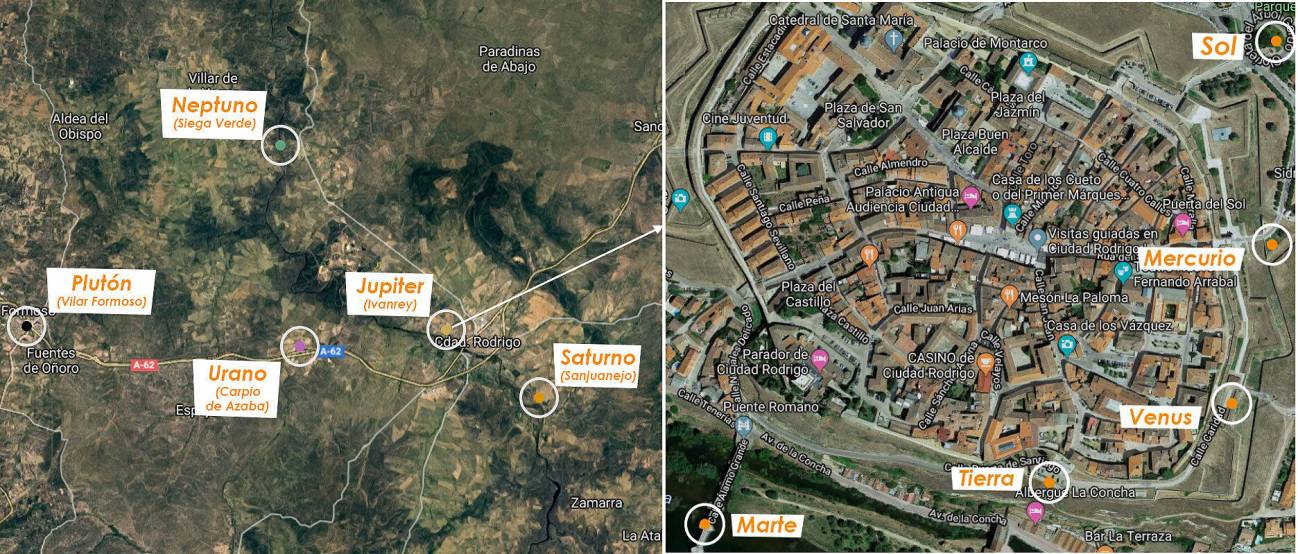 Mapa de la comarca de Ciudad Rodrigo con la localización de los planetas. / Astróbriga-Google Maps