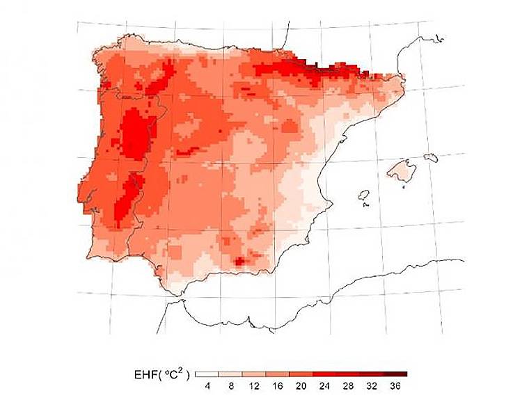 Las mayores intensidades en las olas de calor se observan en el oeste peninsular y zonas montañosas, y las menores en el litoral mediterráneo. / Díaz Poso et al./Environmental Research