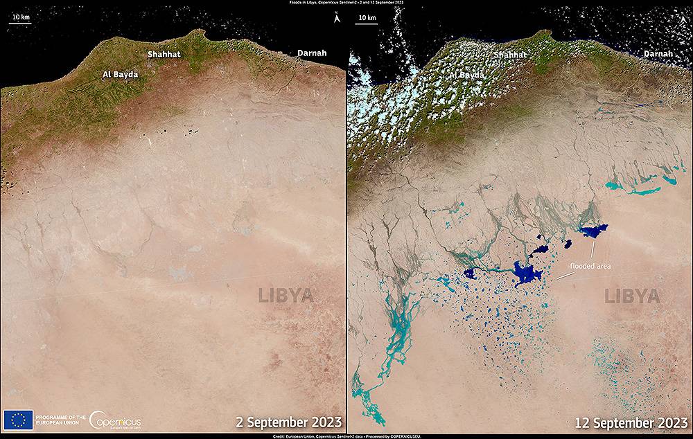 Imágenes tomadas por los satélites Sentinel-2 el día 2 de septiembre (con el desierto libio en su estado normal) y el día 12 (con las áreas inundadas en azul y cian). / EU, Copernicus Sentinel-2 imagery