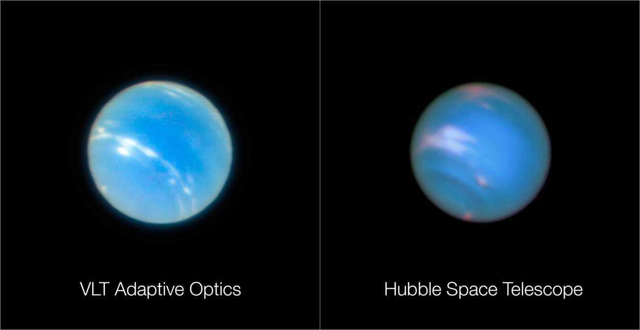 Imagen de Neptuno obtenida con el instrumento MUSE instalado en el Very Large Telescope (izq.) y otra tomada con el telescopio espacial Hubble (der.). No fueron tomadas al mismo tiempo, por lo que no muestran las mismas características en su superficie. / ESO/P. Weilbacher (AIP)/NASA, ESA, and M.H. Wong and J. Tollefson (UC Berkeley)