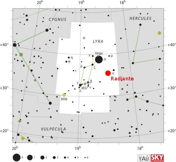 Hay que mirar alrededor de  la 'radiante' de las Líridas. Imagen: IAU, Sky & Telescope, R. Sinnott, R. Fienberg.  