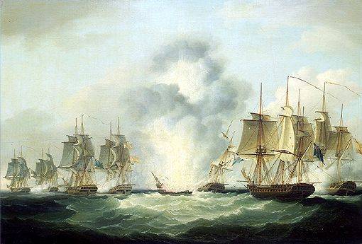 Cuatro fragatas capturan los barcos españoles del tesoro. Autor: Francis Sartorius (National Maritime Museum)