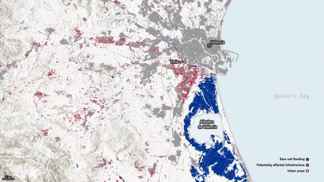 Mapa de la extensión de la inundación en Valencia