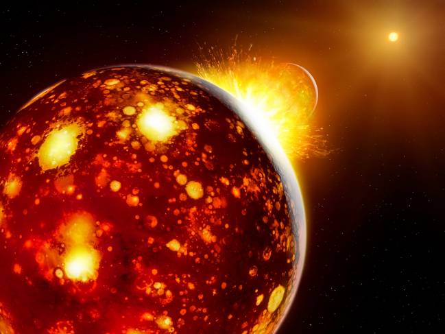 Impresión artística de la colisión entre la Tierra primitiva y Theia. / MPS | Mark A. Garlick