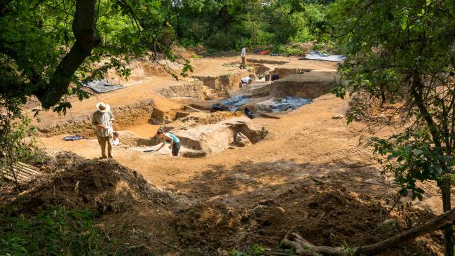 Excavación de sedimentos de un estanque de 400 000 años en Barnham, Suffolk