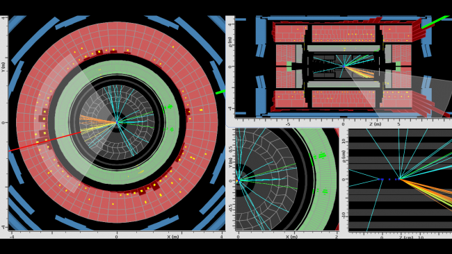 Ejemplo de evento seleccionado por el experimento ATLAS para buscar un nuevo bosón de Higgs.
