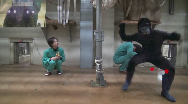 Captura de uno de los vídeos experimentales en los que se muestra el movimiento ocular de los simios cuando miran una película. En la escena aparece una persona agresiva disfrazada de simio.