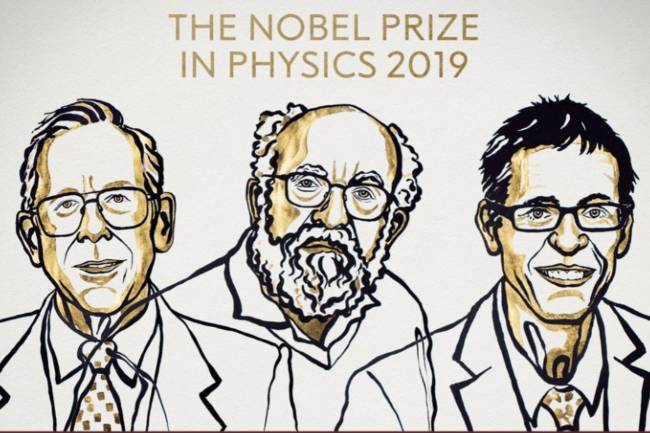 ilustración de James Peebles, Michel Mayor y Didier QuelozIll. / Niklas Elmedhed © Nobel Media.