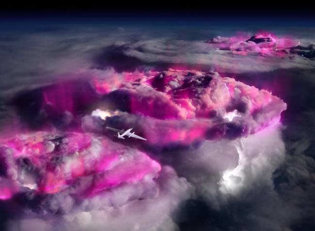 Ilustración del avión de la NASA sobrevolando nubes brillantes de rayos gama