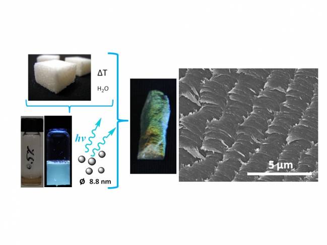 En la izquierda se ven las materias primas y, en la derecha, el aspecto del producto final, así como su imagen microscópica.