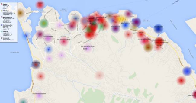 Un mapa de calor muestra cuestiones relacionadas con el ébola comunicadas por ciudadanos de Freetown, Sierra Leona. / IBM Research