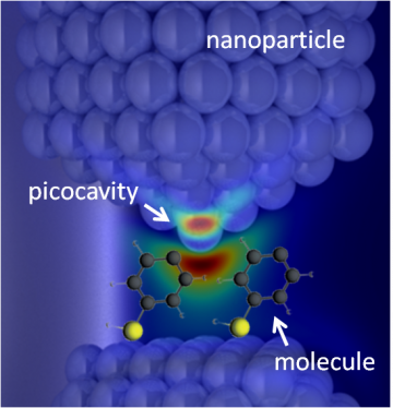 Representación de moléculas junto a la picocavidad formada por unos pocos átomos en la nanopartícula. El gradiente del fondo se corresponde con un cálculo teórico de la luz localizada en la picocavidad, que es capaz de activar la vibración de un enlace químico en otra molécula cercana. / Javi Aizpurua