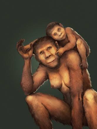 Ilustración de una madre y una cría pertenecientes a la especie ‘Australopithecus africanus’. / Jose García y Renaud Joannes-Boyau