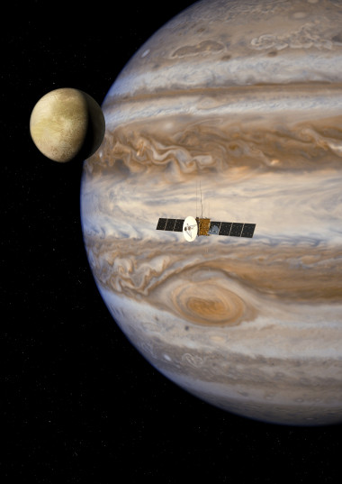 JUICE, suspendida entre Júpiter y su luna Europa. / ESA-AOES JUICE, suspendida entre Júpiter y su luna Europa. / ESA-AOES