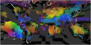 <p>Dinámica espacio-temporal de las nubes visualizadas con una métrica de concentración estacional, que combina la magnitud y el momento de las fluctuaciones mensuales en la frecuencia de nubes durante 15 años de observaciones por satélite, dos veces al día. El tono indica el mes de nubosidad pico, mientras que la saturación indica la magnitud de la concentración que varía de 0 (negro, todos los meses están nublados por igual) a 100 (todas las nubes se concentran en un solo mes). Las líneas de costa se muestran en blanco, las áreas marinas que no tienen datos son de color gris oscuro / Adam Wilson</p>