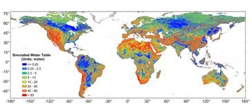 Imagen global a 30" de resolución ( ~ 1km) de la profundidad de la capa freática (en metros desde la superficie del terreno). Las zonas con las aguas subterráneas muy cerca de la superficie (azul oscuro) se corresponden con regiones de grandes extensiones de humedales. / USC.
