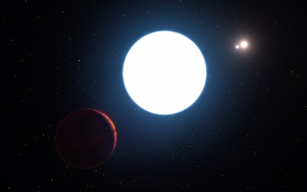 <p>Ilustración del sistema estelar triple HD 131399, con sus tres estrellas (A,B y C) visto desde una posición cercana al planeta HD 131399Ab. / ESO/L. Calçada</p>