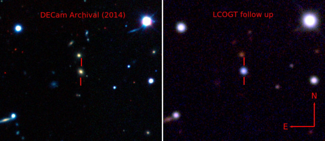 Comparación en falso color del antes y el después de la gran explosion estelar. / Benjamin Shappee