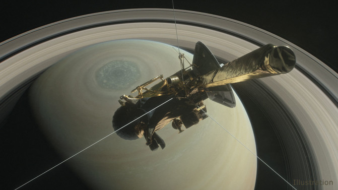 Ilustración de la nave Cassini de la NASA sobre el hemisferio norte de Saturno, dirigiéndose hacia su primera inmersión entre el planeta y sus anillos en abril de 2017. / NASA/JPL-Caltech
