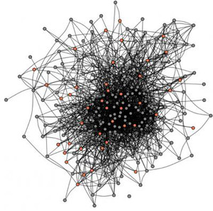 Red de vínculos sociales en el grupo de estudiantes basada en las entrevistas online. Los círculos negros, representan a cada uno de los participantes; los círculos naranjas, aquellos que visualizaron el vídeo, y las líneas, los lazos recíprocos entre ellos (comunicados por ambas partes de la relación) / CAROLYN PARKINSON