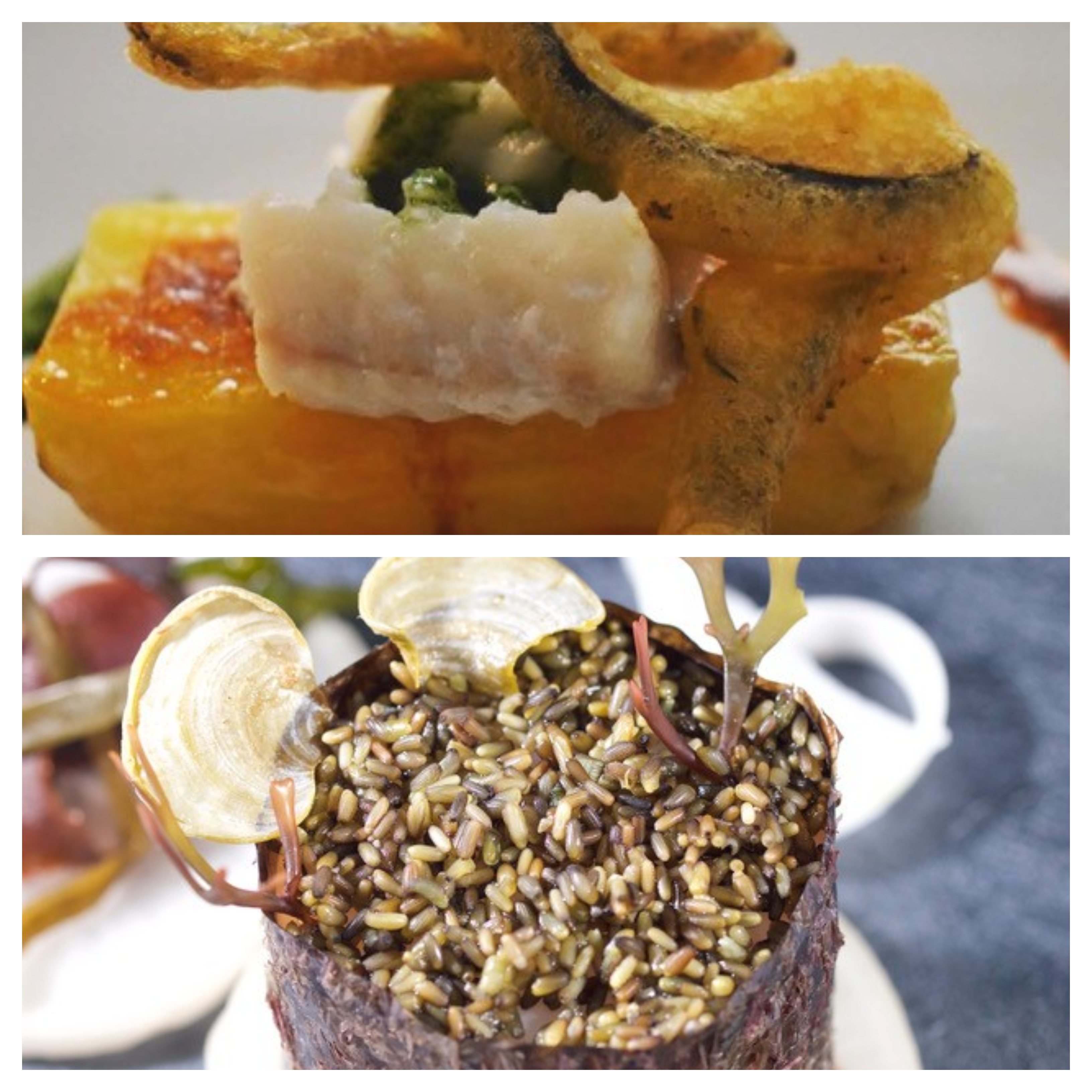 Recetas propias de Lucas Pérez Llorens para potenciar el uso del alga en la cocina. Arriba: 'Merluza a la gallega… reinterpretada’. Abajo: Makisushi con semillas de Zostera marina o 'arroz marino'. / Lucas Pérez Llorens / Fernando G. Brun