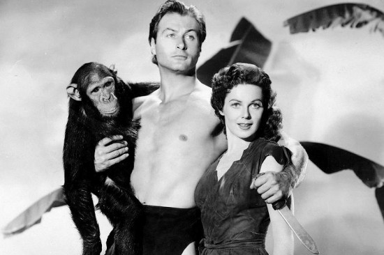 Johnny Weissmuller, el chimpancé ‘Chita’ y Maureen O'Sullivan durante el rodaje de la película Tarzán