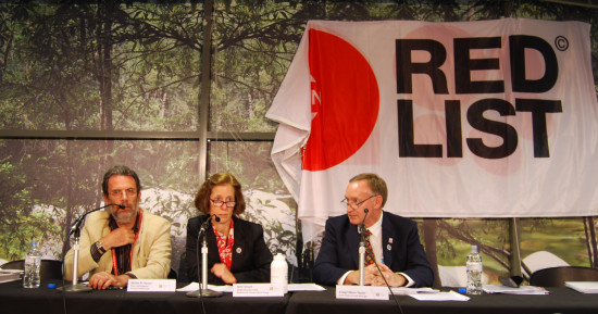 De izquierda a derecha, Simon N. Stuart, Jane Smart y  Craig-Hilton Taylor, durante la presentación de la Lista Roja en Sídney. / Sinc