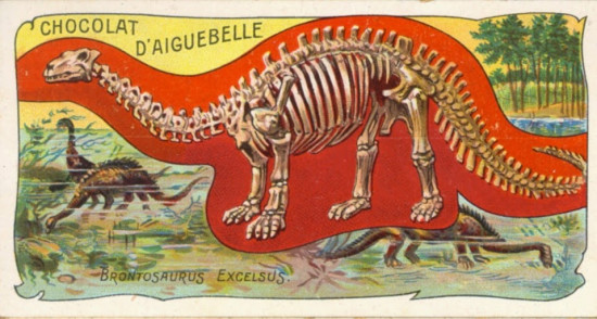 Restauración histórica de cómo se imaginaron al 'Brontosaurus' a finales de 1800: acuático y con un gran y robusto cráneo. / Artista desconocido (sin derechos de autor)