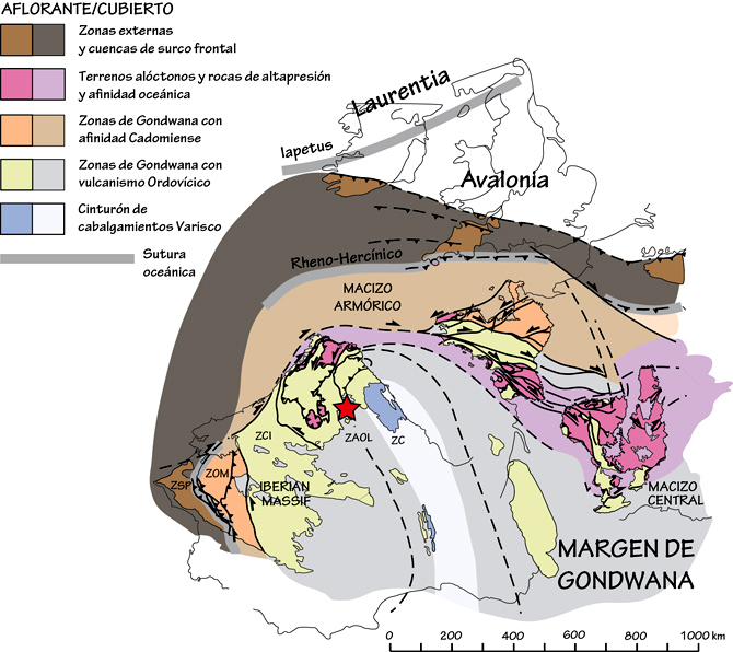 Zonación del macizo varisco europeo al inicio del Pérmico y localización de la zona de estudio en el oroclinal cantábrico (ZC: Zona Cantábrica, ZAOL: Zona Asturoccidental-Leonesa, ZCI: Zona Centro Ibérica, ZOM: Zona de Ossa Morena y ZSP: Zona Sudportuguesa). / Javier Fernández-Lozano et al.