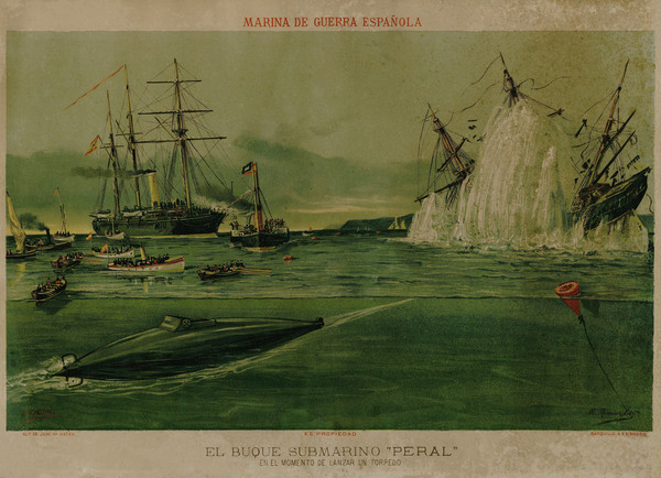 Póster conmemorativo del lanzamiento torpedos del submarino Peral. Colección Privada Diego Quevedo.