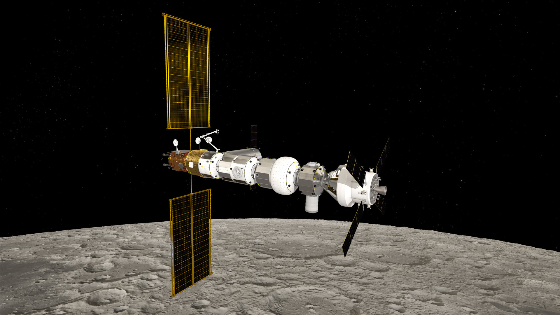 Ilustración de la estación Geteway orbitando la Luna con el módulo de servicio Orión acoplado (a la derecha). / ESA/NASA/ATG Medialab
